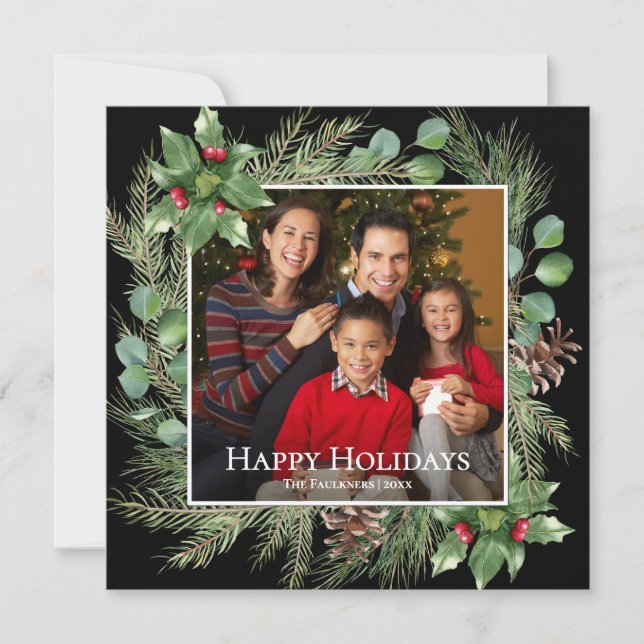 Happy Holidays Photo Wreath Greenery Square Card (Front)