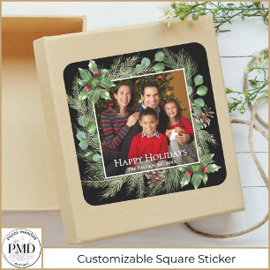 Happy Holidays Photo Wreath Greenery  Square Sticker