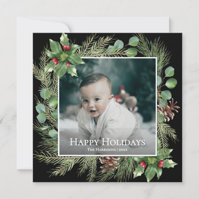 Happy Holidays Photo Wreath Square Christmas Card (Front)