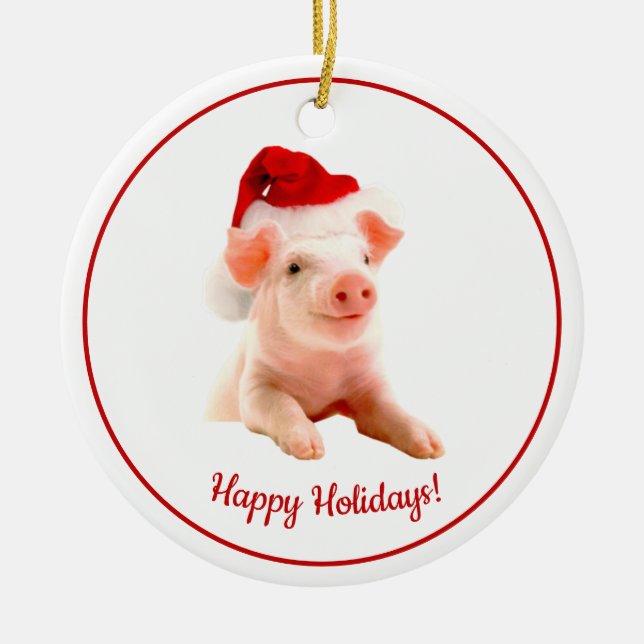 Happy Holidays Pig With Santa Hat Ceramic Ornament (Front)