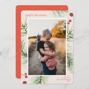 Happy Holidays Pine Berries Coral Photo Holiday Card