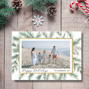Happy Holidays Pine Bough Frame Photo Collage Holiday Card