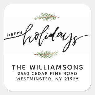 Happy Holidays Pine Bough Return Address Square Sticker