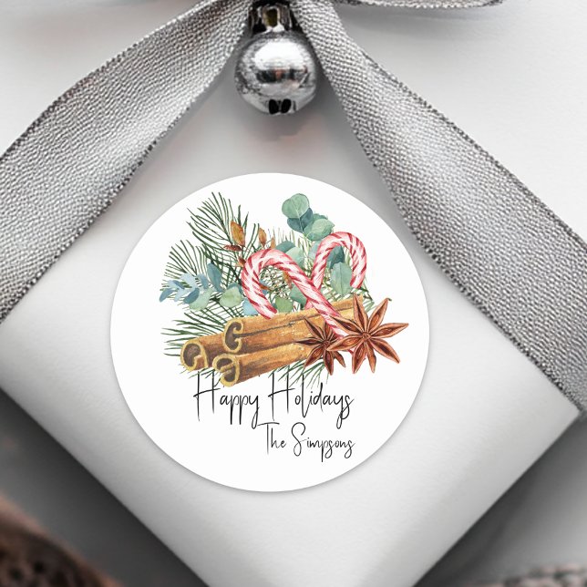 Happy Holidays Pine Candy Cane Bouquet  Classic Round Sticker (Creator Uploaded)