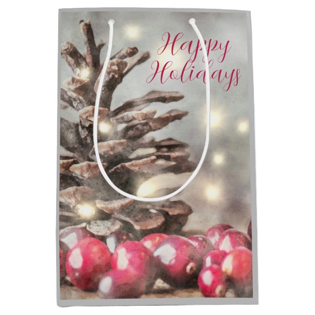 Happy Holidays Pine Cone Holly Berries Medium Gift Bag (Front)