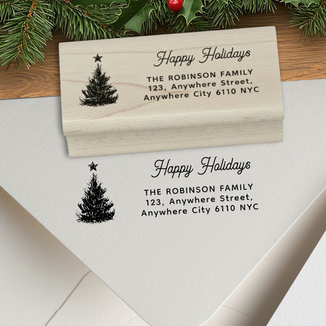 Happy Holidays Pine Tree Christmas Return Address Rubber Stamp (Creator Uploaded)