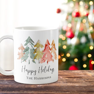 Happy Holidays Pine Tree Watercolor Christmas Coffee Mug