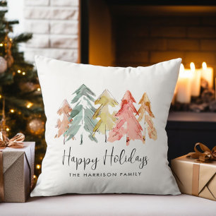 Happy Holidays Pine Trees Watercolor Christmas Cushion