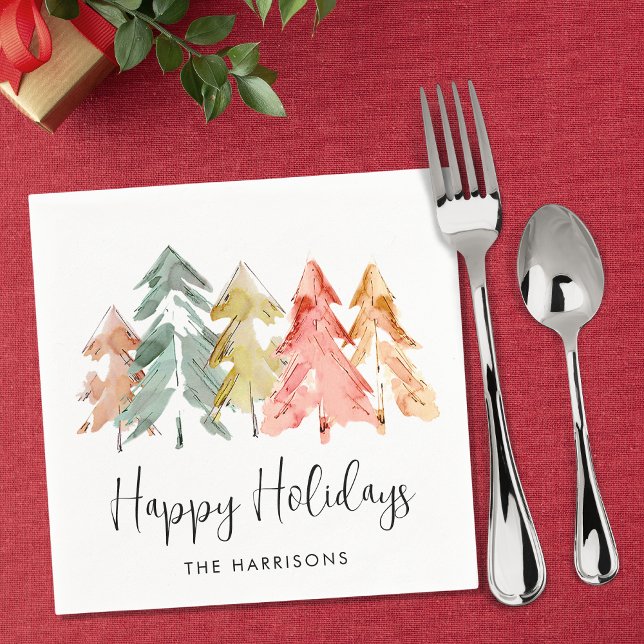 Happy Holidays Pine Trees Watercolor Christmas Napkin (Creator Uploaded)