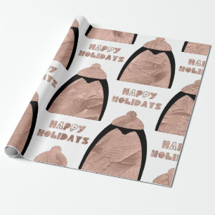 Happy Holidays Pinguin White Rose Gold Black Wrapping Paper