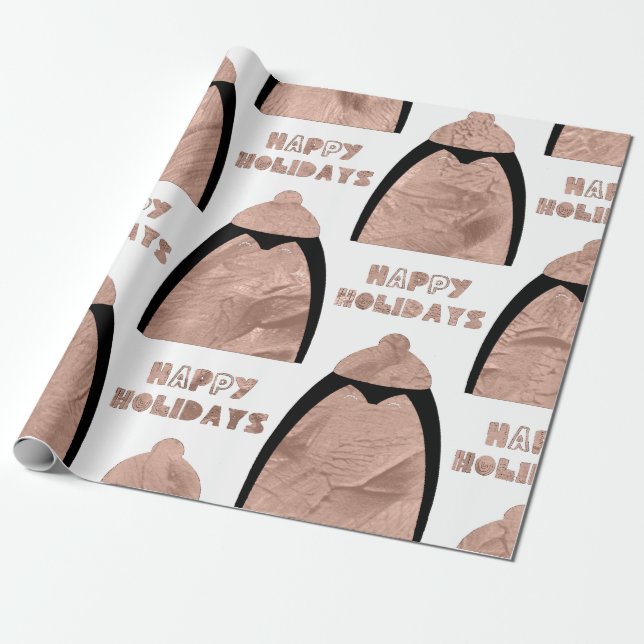 Happy Holidays Pinguin White Rose Gold Black Wrapping Paper (Unrolled)