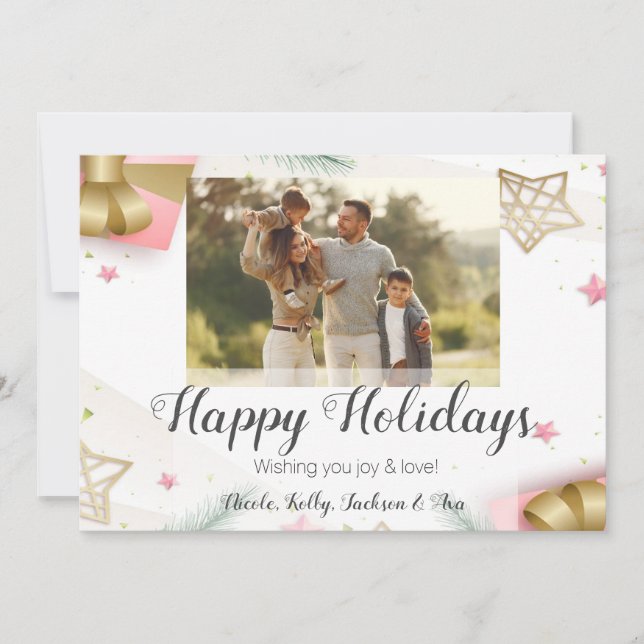 Happy Holidays Pink and Gold Photo & Custom Text Holiday Card (Front)
