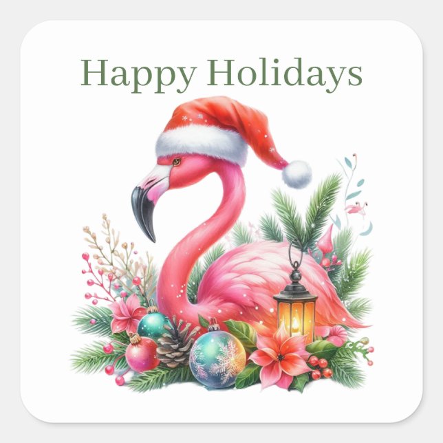 Happy Holidays pink flamingo Christmas Square Sticker (Front)