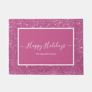 Happy Holidays pink glitter family name  Doormat