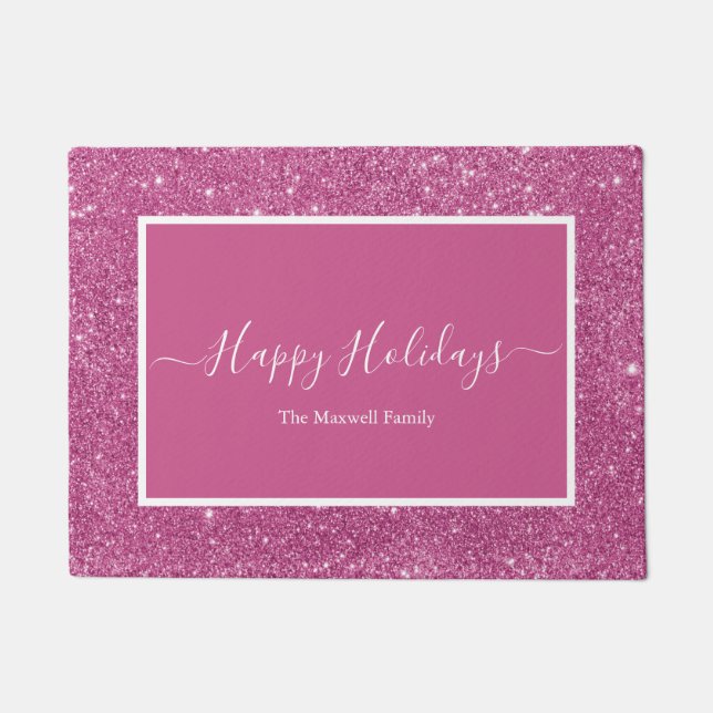 Happy Holidays pink glitter family name  Doormat (Front)