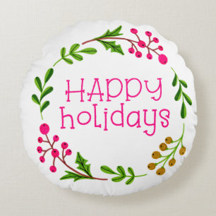 Happy Holidays Pink & Green Wreath Round Pillow