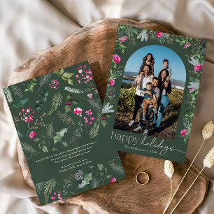 Happy Holidays Pink Greenery Foliage Arch Photo Holiday Card