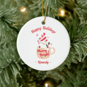 Happy Holidays - Pink Mug Hot Cocoa Merry & Bright Ceramic Ornament