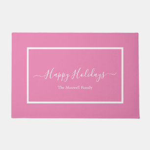 Happy Holidays pink script family name Doormat