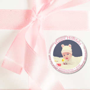 Happy Holidays Pink Sparkle Baby Classic Round Sticker