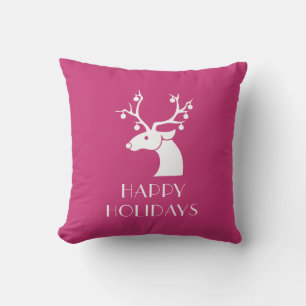 HAPPY HOLIDAYS Pink & White Christmas Reindeer Cushion