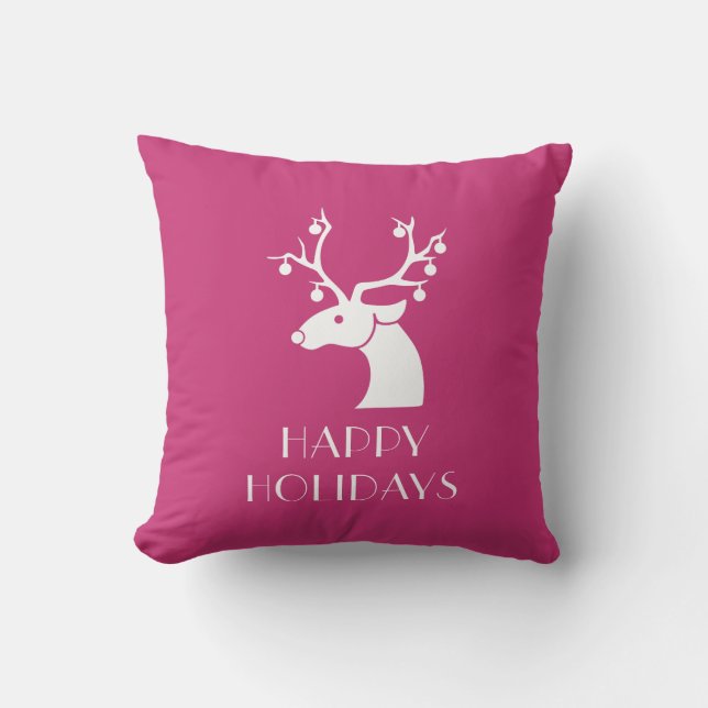 HAPPY HOLIDAYS Pink & White Christmas Reindeer Cushion (Front)
