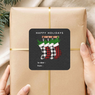 Happy Holidays Plaid Stockings Holiday Gift Label 