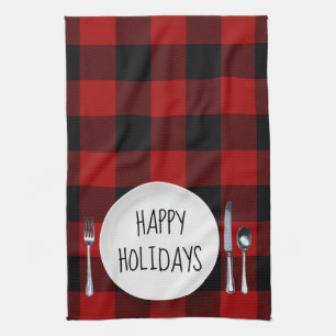 Happy Holidays Plate On Buffalo Plaid Tea Towel
