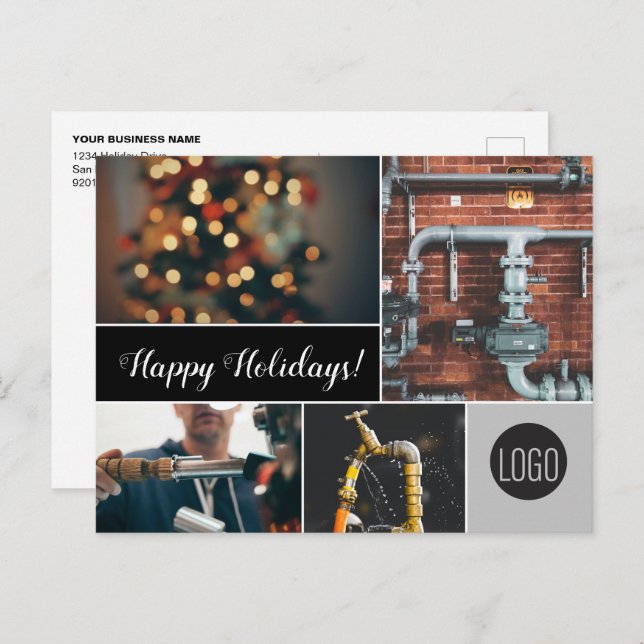 Happy Holidays Plumbing Business logo and Photos Holiday Postcard (Front/Back)