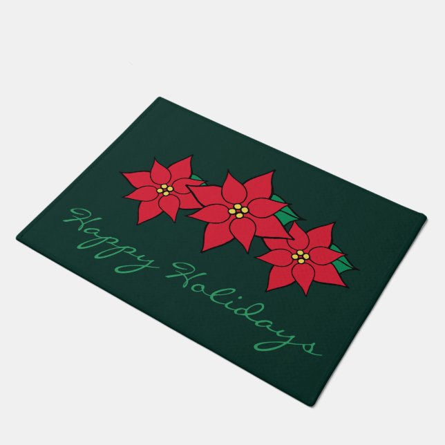 Happy Holidays Poinsettia Doormat  (Angled)