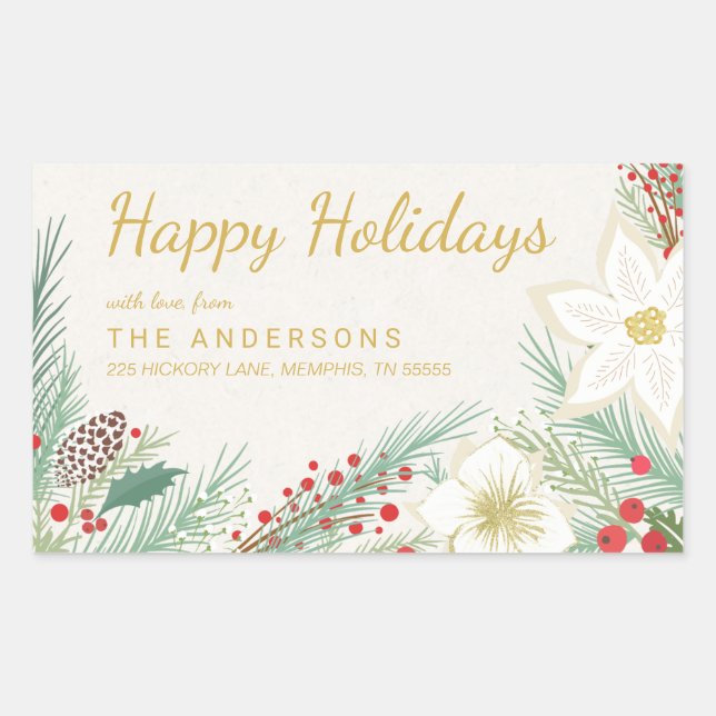 Happy Holidays Poinsettia Foliage Return Address Rectangular Sticker (Front)