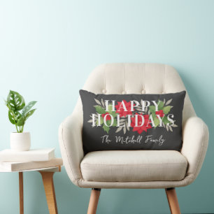 Happy Holidays Poinsettia Holly Charcoal Christmas Lumbar Cushion