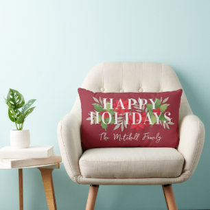 Happy Holidays Poinsettia Holly Red Christmas Lumbar Cushion