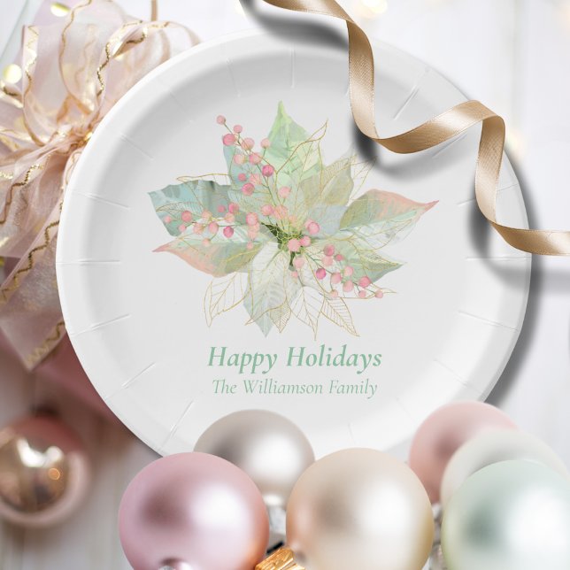Happy Holidays Poinsettia Pink Gold Elegant Chic Paper Plate (Creator Uploaded)