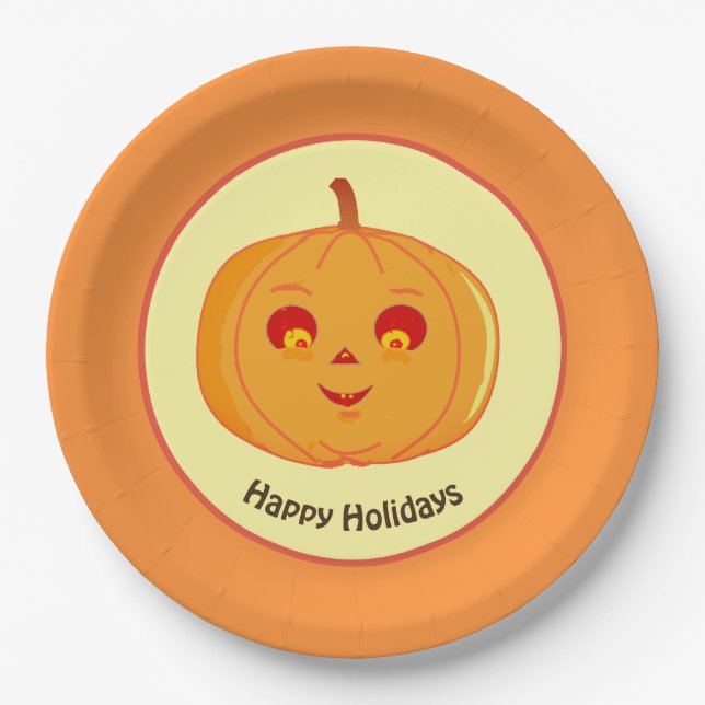 Happy Holidays Pumpkin Face Paper Plate (Front)