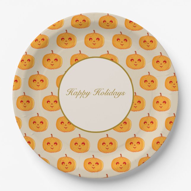 Happy Holidays Pumpkin Faces Paper Plate (Front)