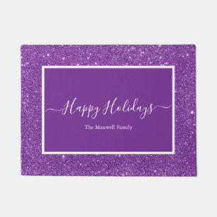 Happy Holidays purple glitter family name  Doormat
