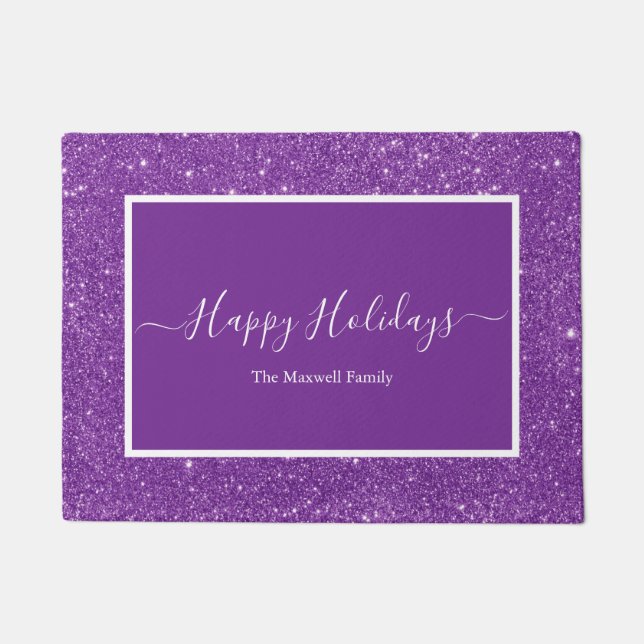 Happy Holidays purple glitter family name  Doormat (Front)