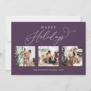 Happy Holidays Purple Plum Multi Photo Collage Holiday Card
