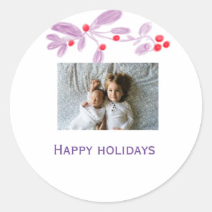 Happy holidays purple red floral add photo text classic round sticker