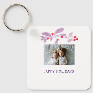 Happy holidays purple red floral add photo text key ring