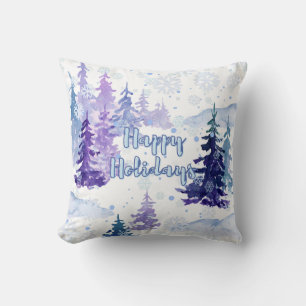 Happy Holidays Purple Winter Snowy Trees Cushion