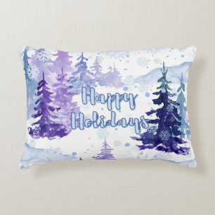 Happy Holidays Purple Winter Snowy Trees Decorative Cushion