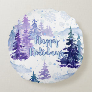 Happy Holidays Purple Winter Snowy Trees Round Cushion