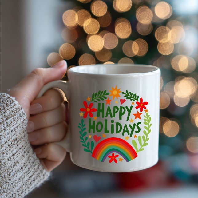Happy Holidays Rainbow Cute Hand-drawn Colourful  Coffee Mug (Happy Holidays Rainbow Cute Hand-drawn Colorful Coffee Mug
)