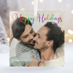 Happy Holidays Rainbow Gay Couple Photo Christmas Glass Tree Decoration