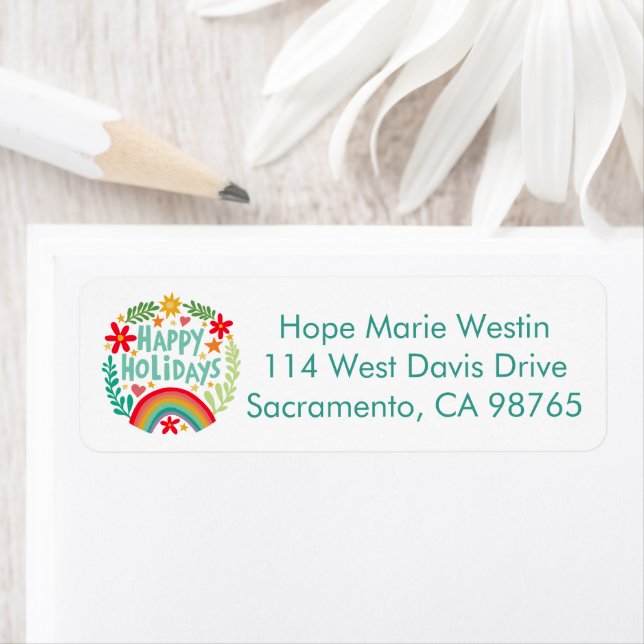 Happy Holidays Rainbow Hand-drawn Return Address Label (Insitu)