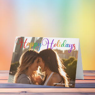 Happy Holidays Rainbow Script LGBT Couple Photo Holiday Card