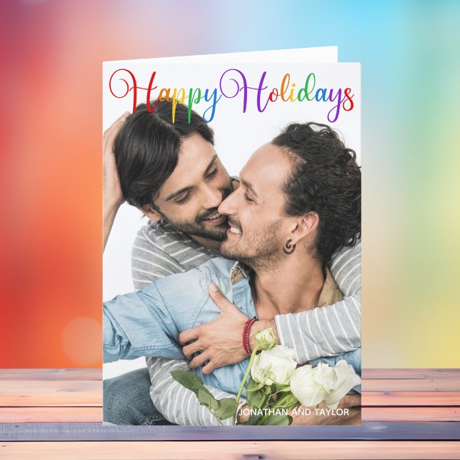 Happy Holidays Rainbow Script LGBTQ Couple Photo Holiday Card (Creator Uploaded)
