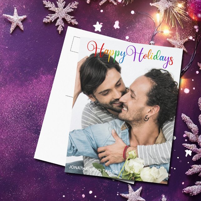 Happy Holidays Rainbow Script LGBTQ Couple Photo Postcard (Creator Uploaded)
